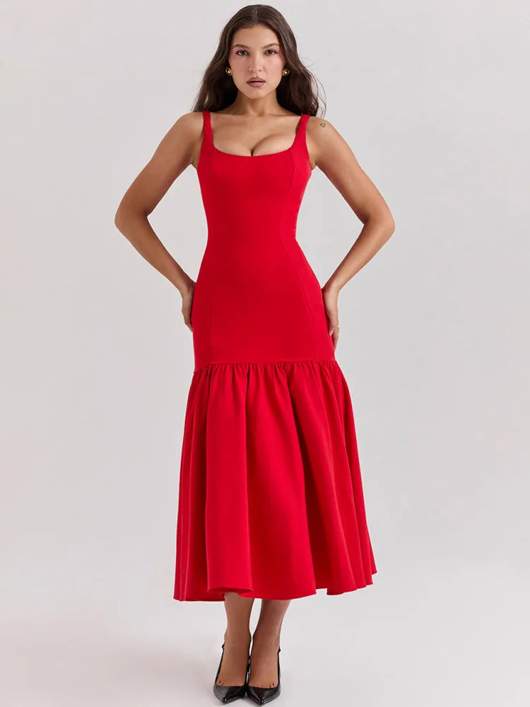 Backless Maxi Fishtail Dress for Gown Square Collar Sleeveless Loose Pleated Long Dress Dresses