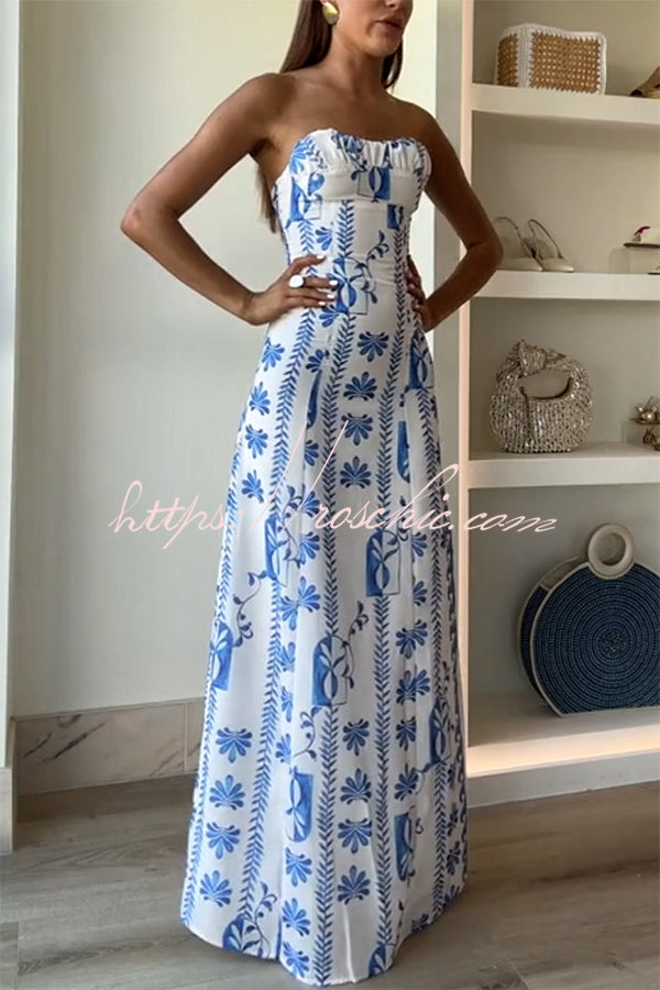 Freya Linen Blend Wave Print Ruched Bust Strapless Maxi Dress