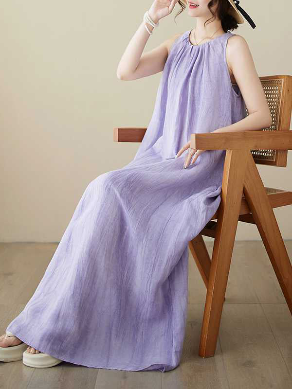 A-line Loose Pleated Color Round-neck Midi Dresses
