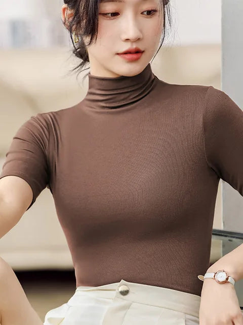 Half Turtleneck Milk Silk Tops Short Sleeve Slim T-shirt Color Basic Trend Bottoming Shirt High Street Blouse