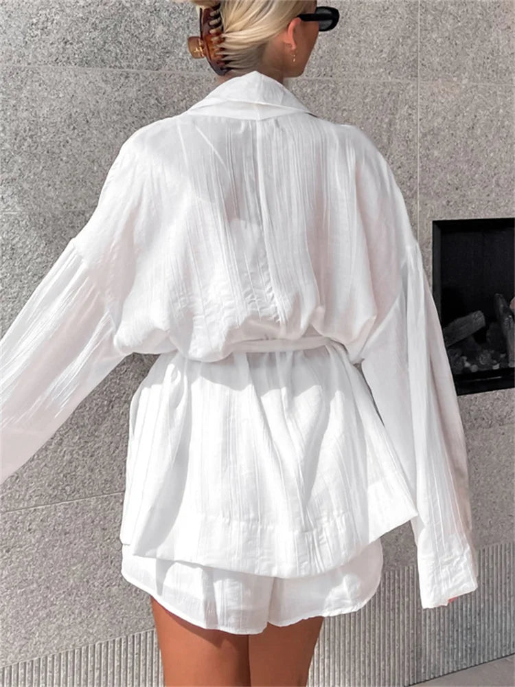 White Lace-up 2 Piece-set Shorts for Loose Bandage Cardigan Coat and High Waist Shorts Sets Female Outfits