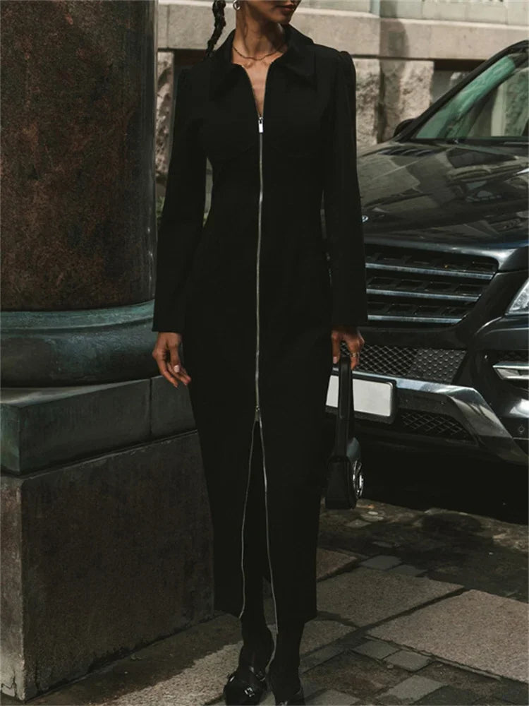 Black Zipper Lapel Maxi Dress for Cardigan Patchwork Slim High Waist Dress