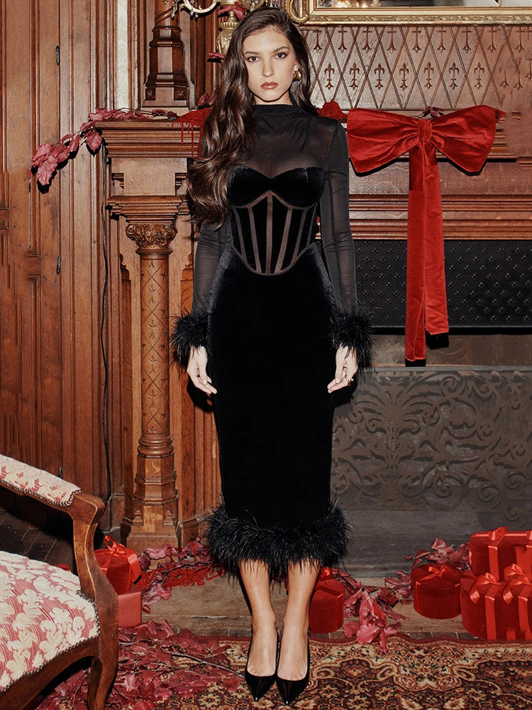 Feather Midi Dress for Black Sheer Long Sleeve Backless Bodycon Club Party Long Dress
