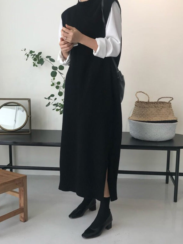 Urban Loose Sleeveless Color Round-neck Midi Dresses Sweater Dresses