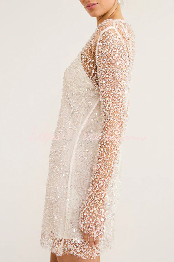 Sparkle and Shine Sequins and Pearls Fabric Mini Dress With Separate Slip