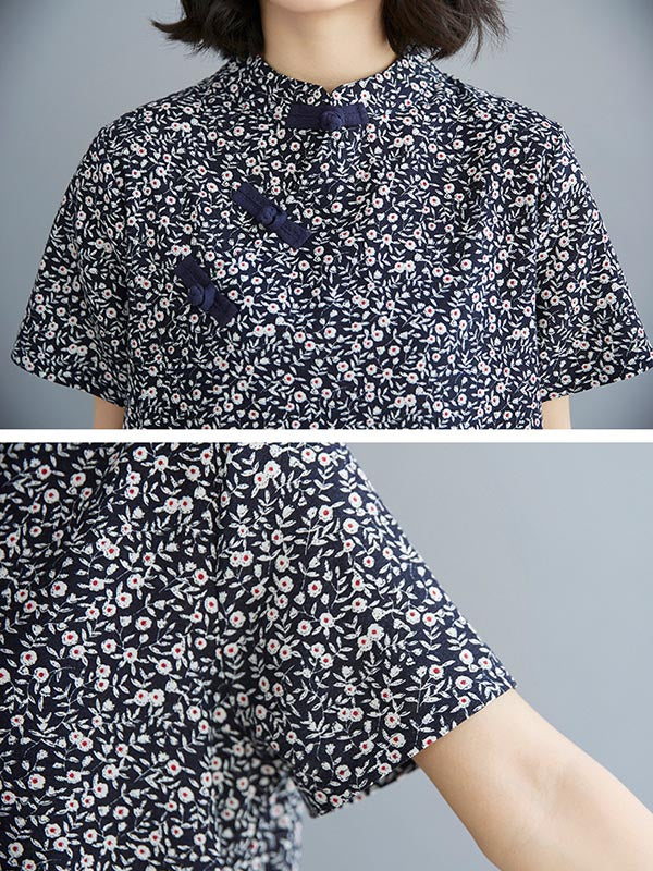 Artistic Retro Printed Stand Collar Short Sleeves Cheongsam Midi Dress