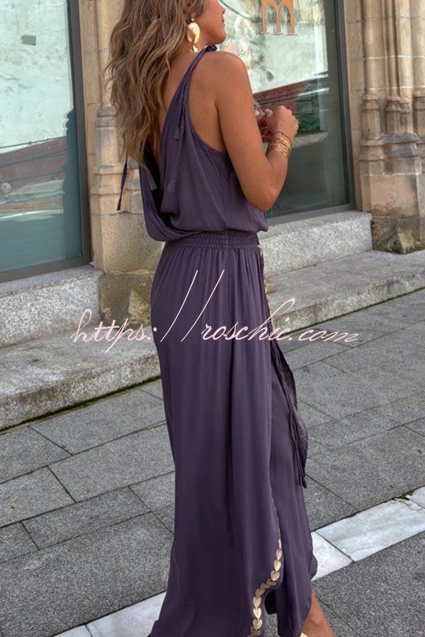 Tamia Gold Trim Elastic Waist Slit Wide Leg Slip Jumpsuit