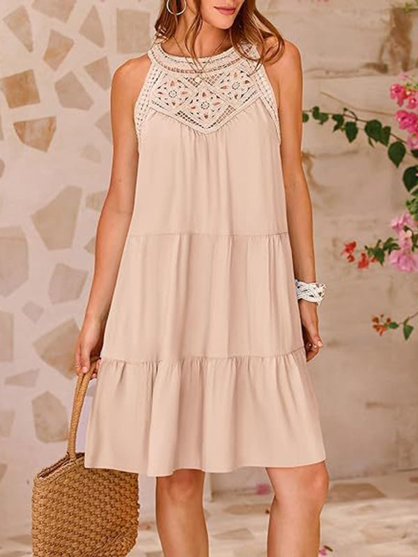 A-line Loose Hollow Pleated Color Split-joint Round-neck Mini Dresses