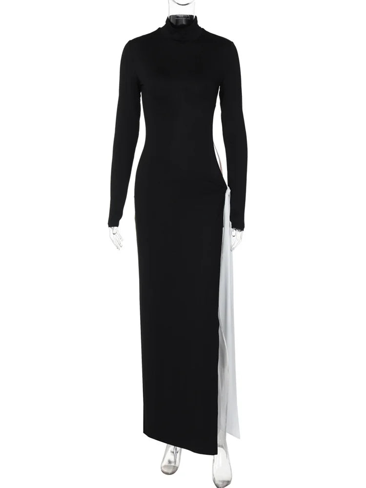 Autumn Hollow Out Contrast Long Dress ’s Bandage Slim Long Sleeve Pleated Dress High Waist Dress