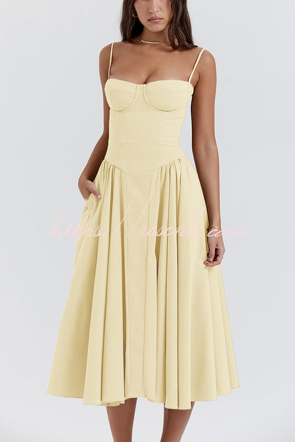 Color Slim Fit Suspender Pocket Midi Dress