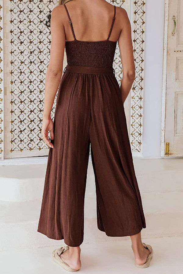 Sleeveless Spaghetti Strap V-neck Gathered Wide-leg Jumpsuit