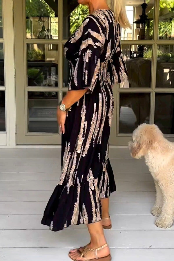 Retro 3\/4 Sleeve Print Midi Dress