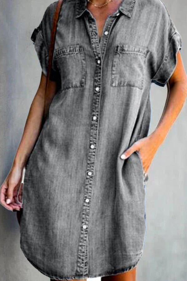Short Sleeve Slim Denim Midi Dress