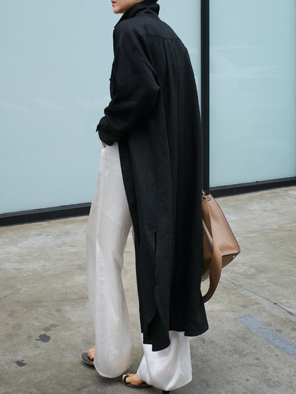 Simple Long Sleeves Split-side Color Lapel Midi Dresses Shirt Dress