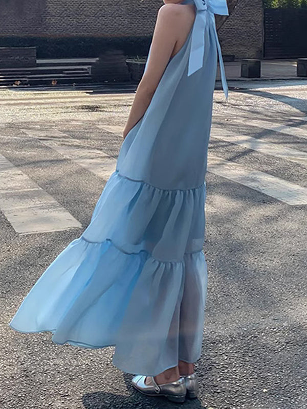 Loose Sleeveless Color Halter-neck Midi Dresses