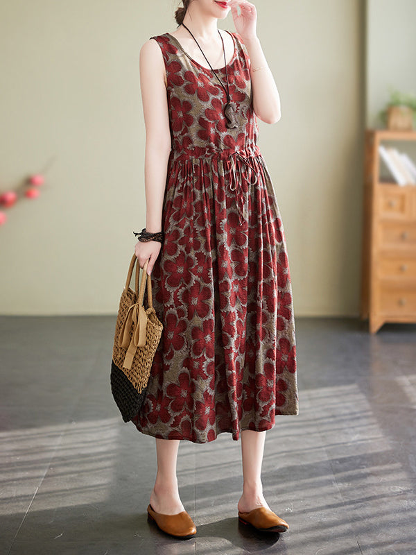 Loose Oversize Drawstring Printed Round-neck Midi Dresses