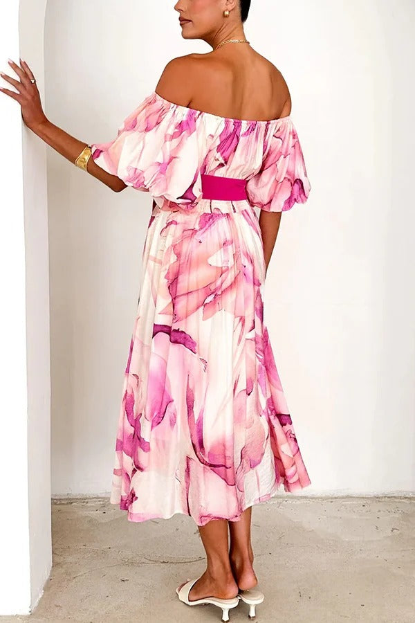 Print Puff Sleeve Tie-waist Midi Dress