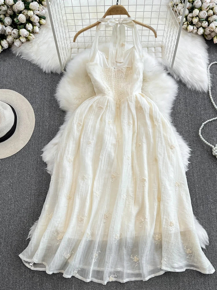 Beach Party Dresses Fashoin Hanging Neck Backless Slim A-line Embroidered Dress Summer Long Dress