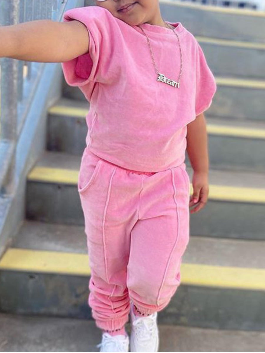 Girl Cap Sleeve Pocket Design Pants Set Bo5088