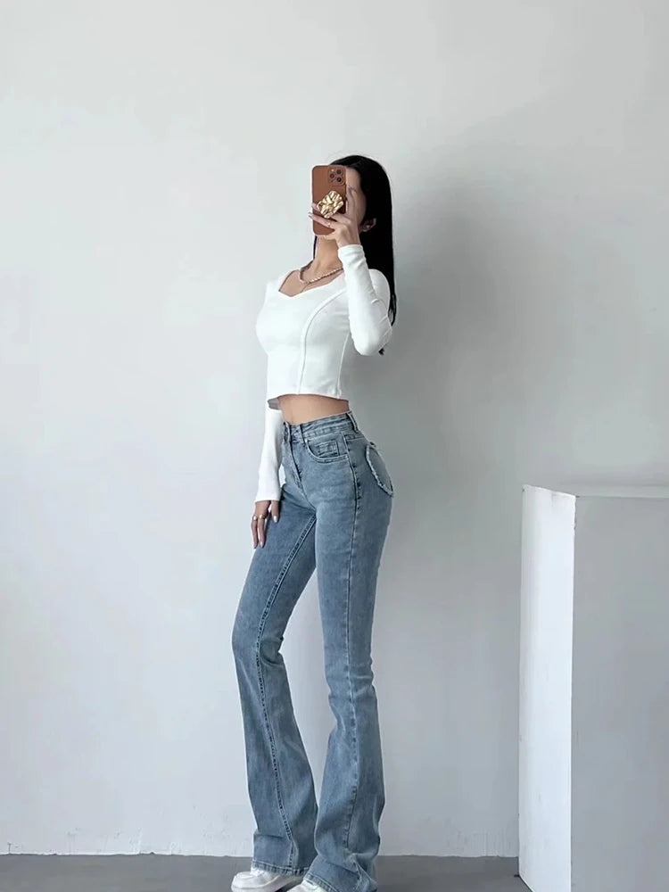 Denim Packets Jeans High Waist Flare Pants Trousers Pants Jeans Autumn Bottoms Blue