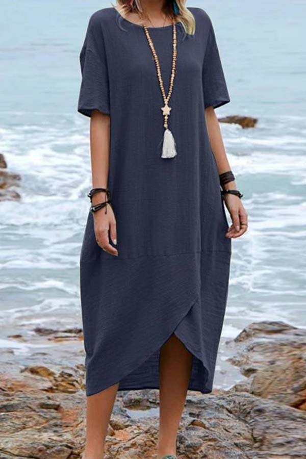 Color Cotton Linen Retro Round Neck Short Sleeve Midi Dress