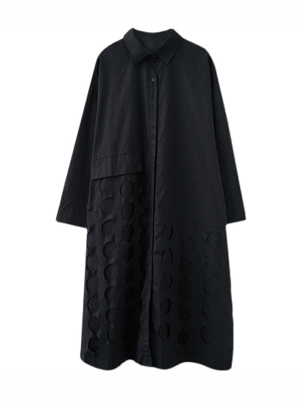 A-line Long Sleeves Asymmetric Hollow Polka-dot Color Lapel Midi Dresses