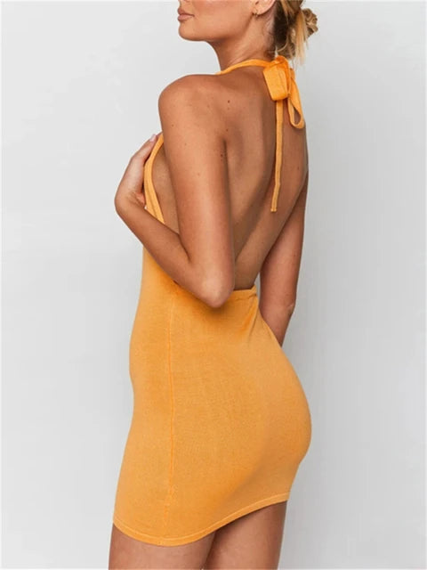Summer Gradient Backless Knit Dress New Mini Beach Party Halter Dress Holiday Slim Stretch Sweater Dress