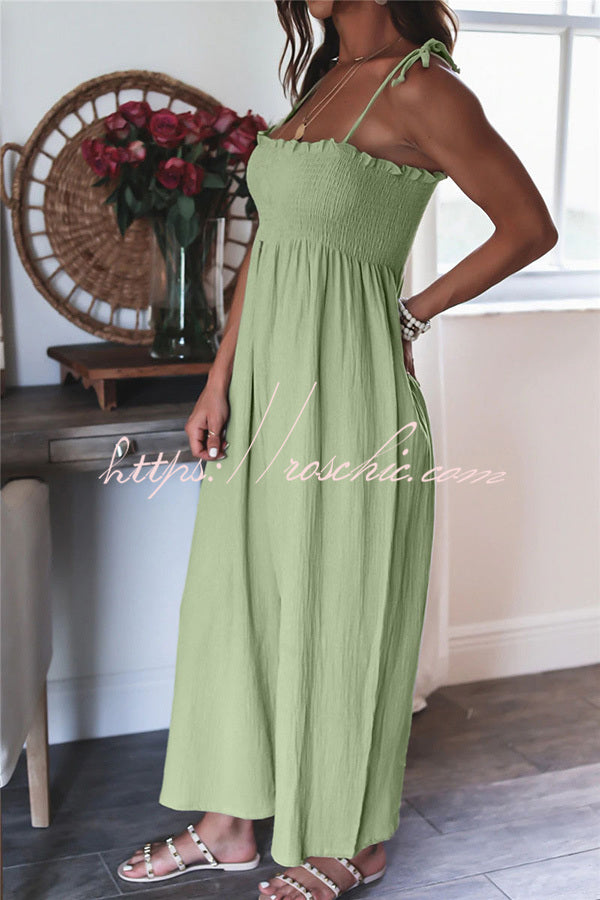 Color High Waist Linen Blend Suspender Pleated Jumpsuit