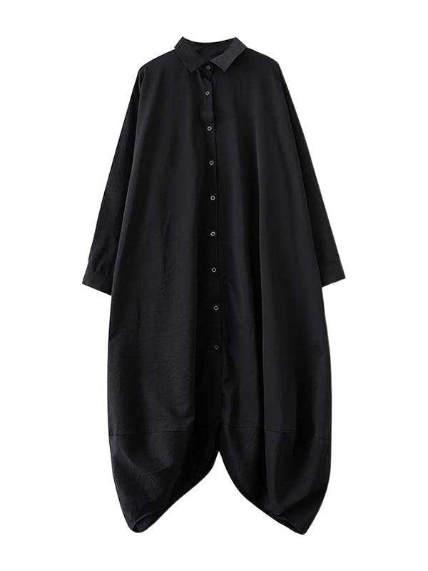A-line Long Sleeves Buttoned Pockets Color Split-joint Lapel Midi Dresses Shirt Dress