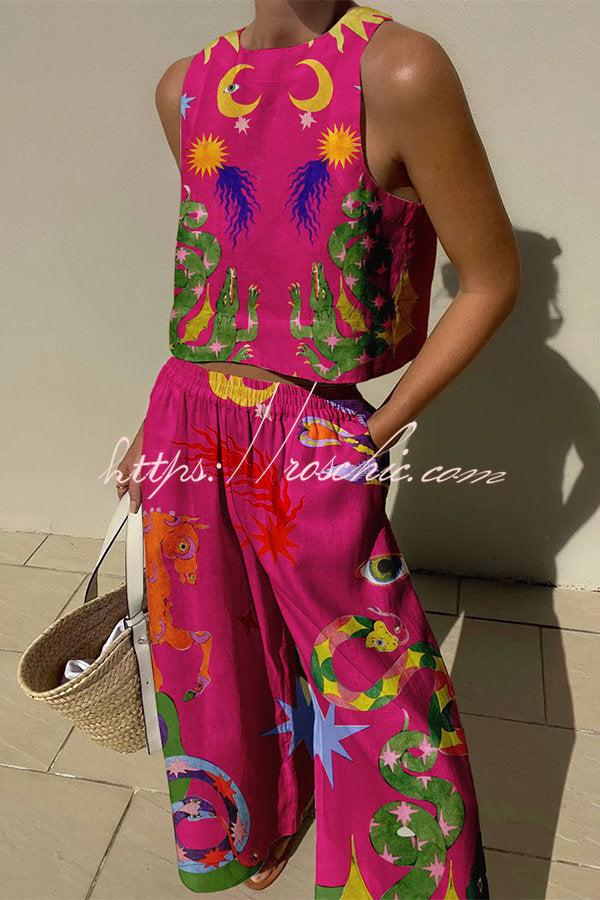 Island Dreaming Linen Blend Unique Print Tank and Elastic Waist Pocketed Pants Set