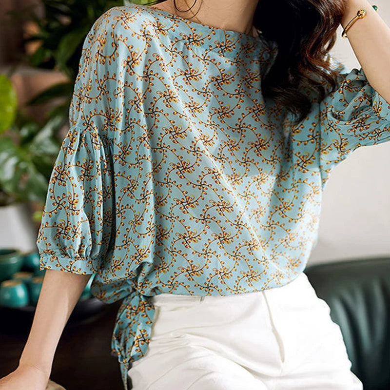 ’s Spring Summer Style Chiffon Blouses Shirt ’s Half Sleeve Printed O-neck Tops Sp224