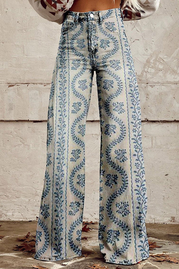 Unique Print Button Pocket Wide Leg Pants