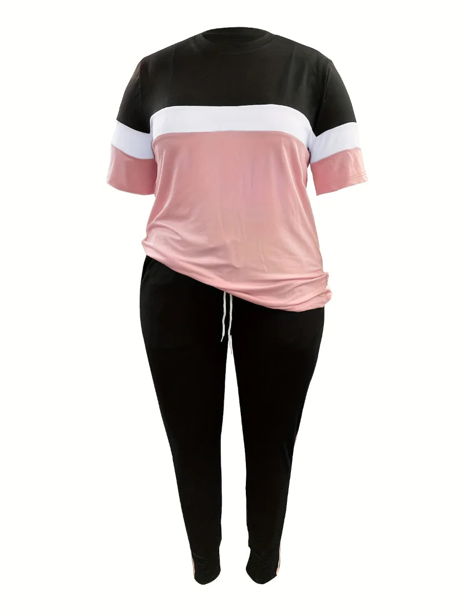 Patchwork Drawstring Pants Set Color Block Skinny Short Sleeve Trousers Two Pieces Matching Suits Outfit