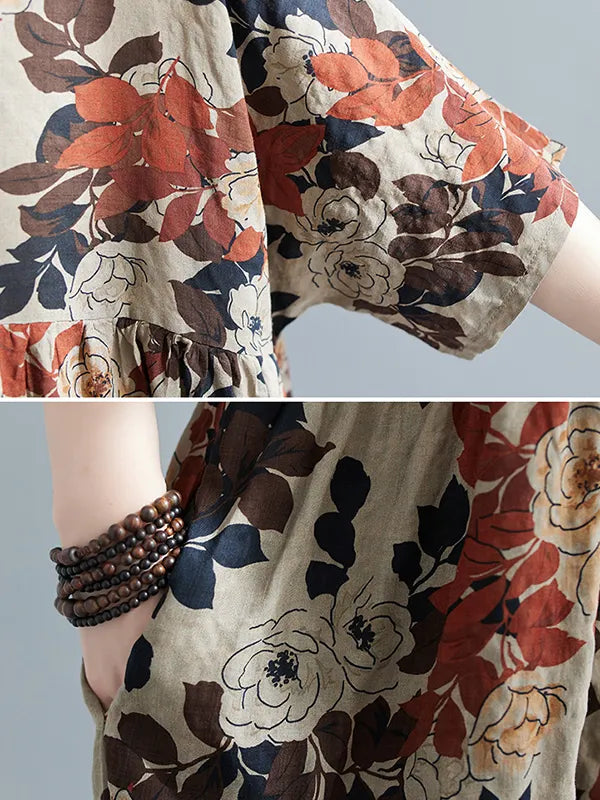 Loose Puff Sleeves Printed Round-neck Midi Dresses