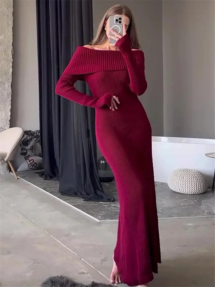 Knit Long Dress Off-shoulder Female Ribbed Loose High Waist Autumn Party Dress Knitwear Maxi Dress