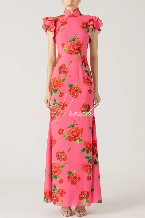 Cheongsam Style Rose Print Tiered Flare Sleeve Stretch Maxi Dress