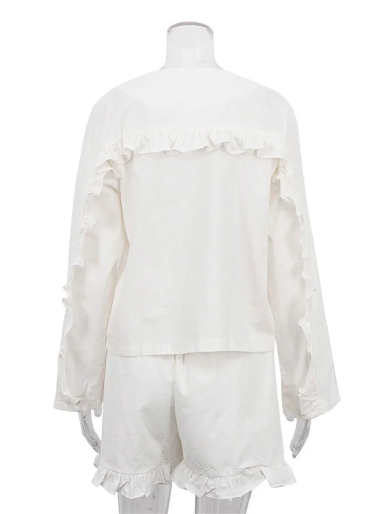 Ruffled Outfits for High Waist Long Sleeve Shorts Two Piece Knee Length Baggy Female Nightwear Outfits