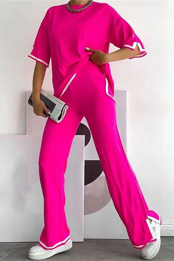 Lounge or Wear Knit Patchwork Color Block Short Sleeve Top and Elastic Wide Leg Pants