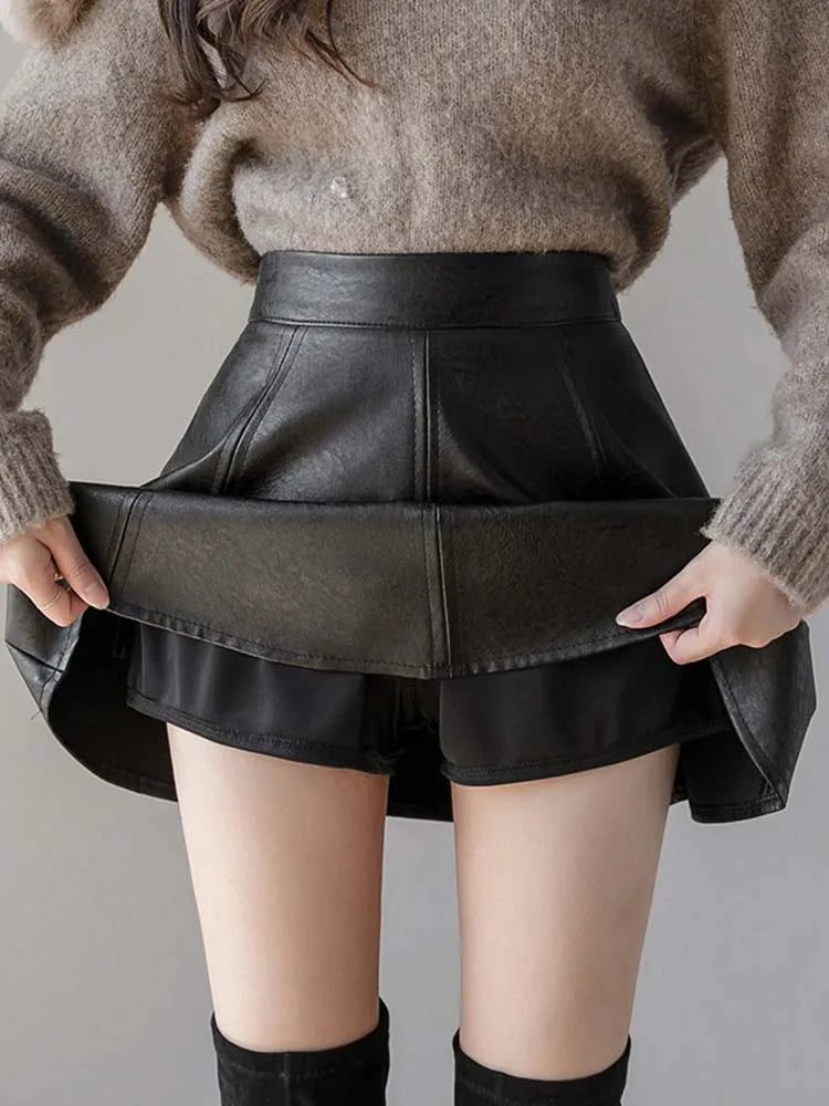 Pu Pleated Skirt Autumn Color Leather Winter Skirts Slim High Waist Saia Faldas Zipper Mini Skirt
