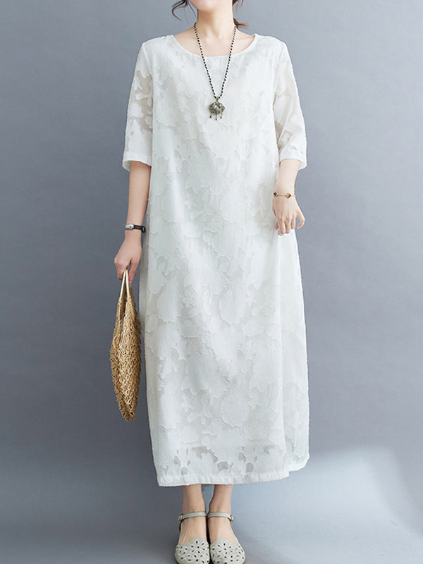 Loose Three-quarter Sleeves Jacquard See-through Color Round-neck Midi Dresses