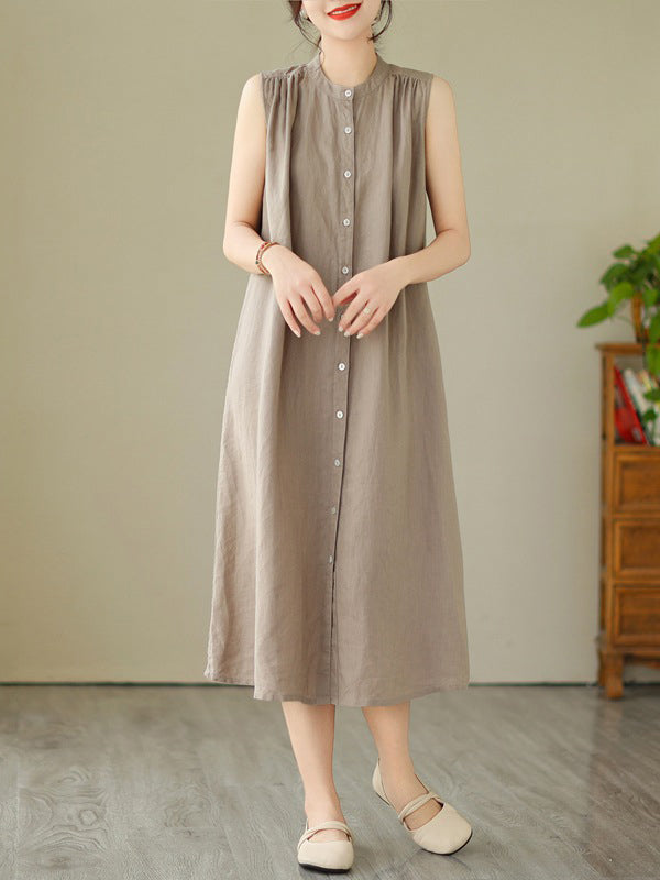 A-line Sleeveless Buttoned Pleated Color Round-neck Midi Dresses
