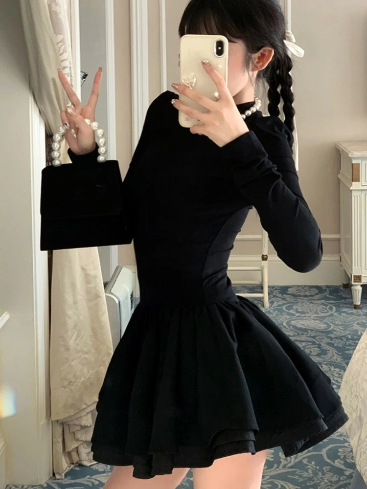 Knitted Dress Long Sleeve Half High Collar A-line Mini Dresses Autumn Winter Birthday Party Vestidos Trend