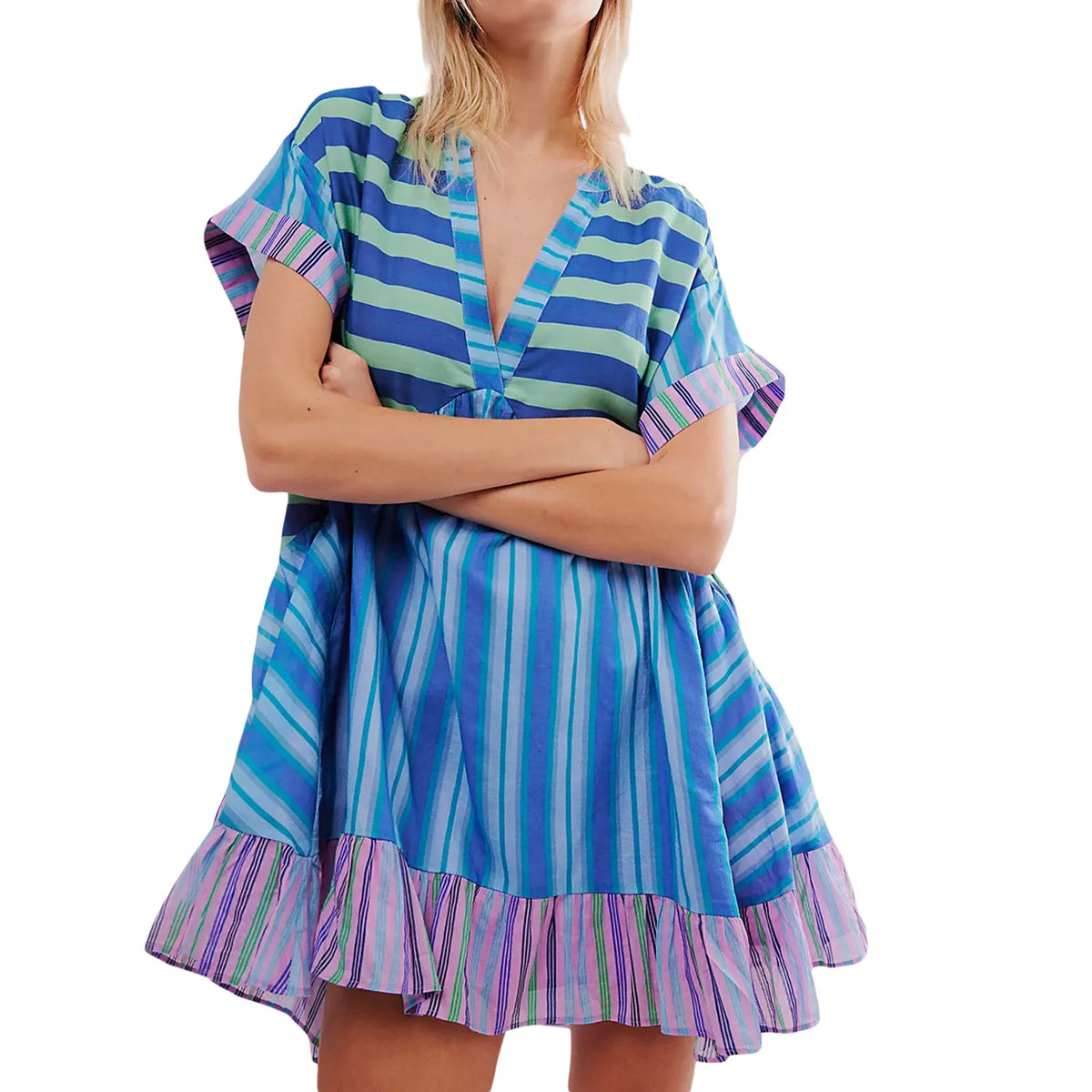 Color Print Mini Dresses Spring Summer New V-neck Short Sleeves Folds Loose Irregular Short Dress Vestidos