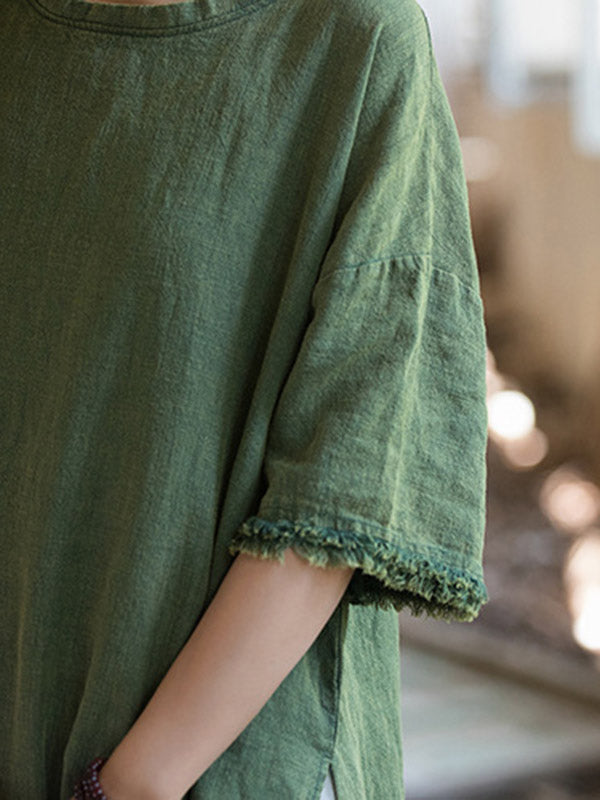 Half Sleeves High-low Fringed Color Split-joint Split-side Round-neck Midi Dresses