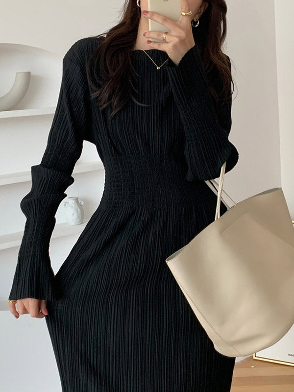 Simple Long Sleeves Black Split-joint Elasticity Waist Pleated Midi Dress