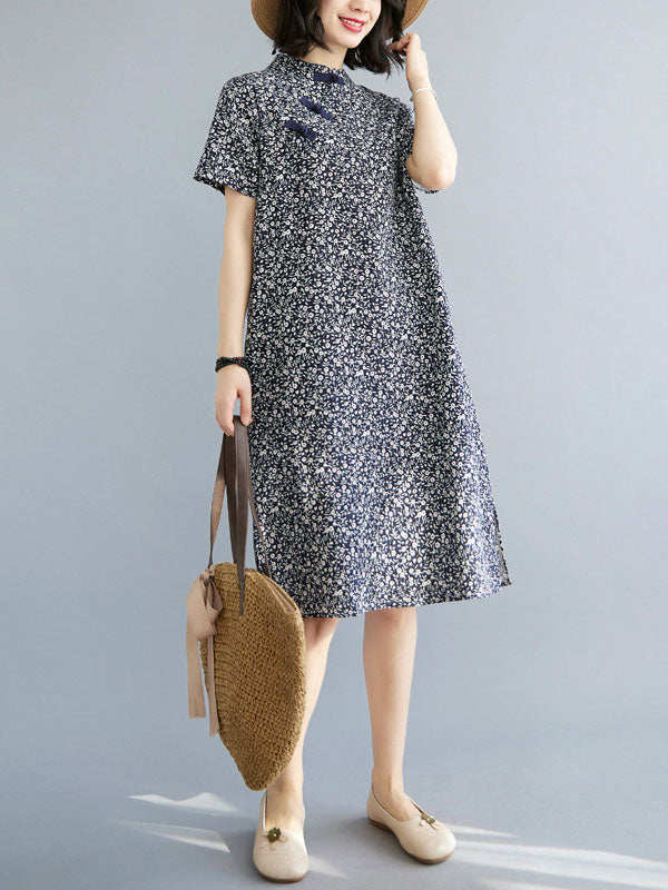 Artistic Retro Printed Stand Collar Short Sleeves Cheongsam Midi Dress
