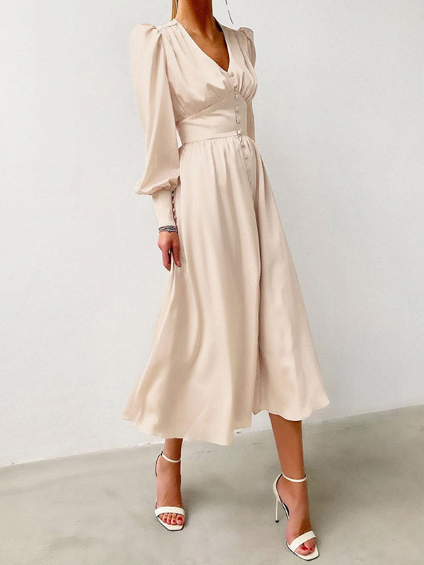 A-line High Waisted Buttoned Pleated Color V-neck Midi Dresses