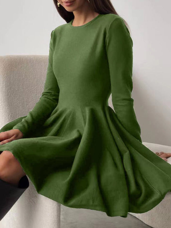 A-line High Waisted No Belt Pleated Color Round-neck Mini Dresses