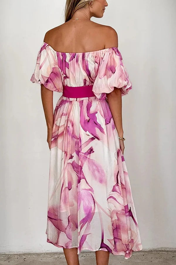 Print Puff Sleeve Tie-waist Midi Dress
