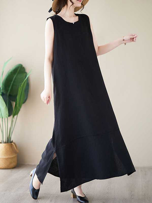 A-line Loose Color Round-neck Midi Dresses